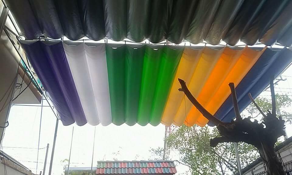 nhà máy chuyên may ép vải bạt mái hiên mái xếp, may bạt gia công mái che di động giá sĩ