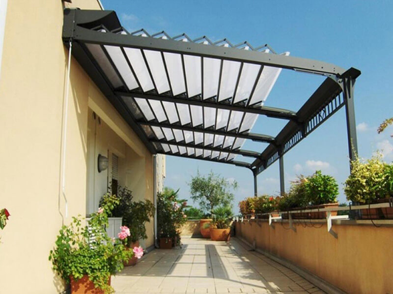 báo giá thiết kế lắp đặt mái che di động sân thượng, mái xếp bạt kéo lượn sóng sân thượng