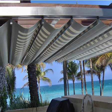 báo giá thiết kế lắp đặt mái che di động khu resot, mái xếp bạt kéo lượn sóng khu resot